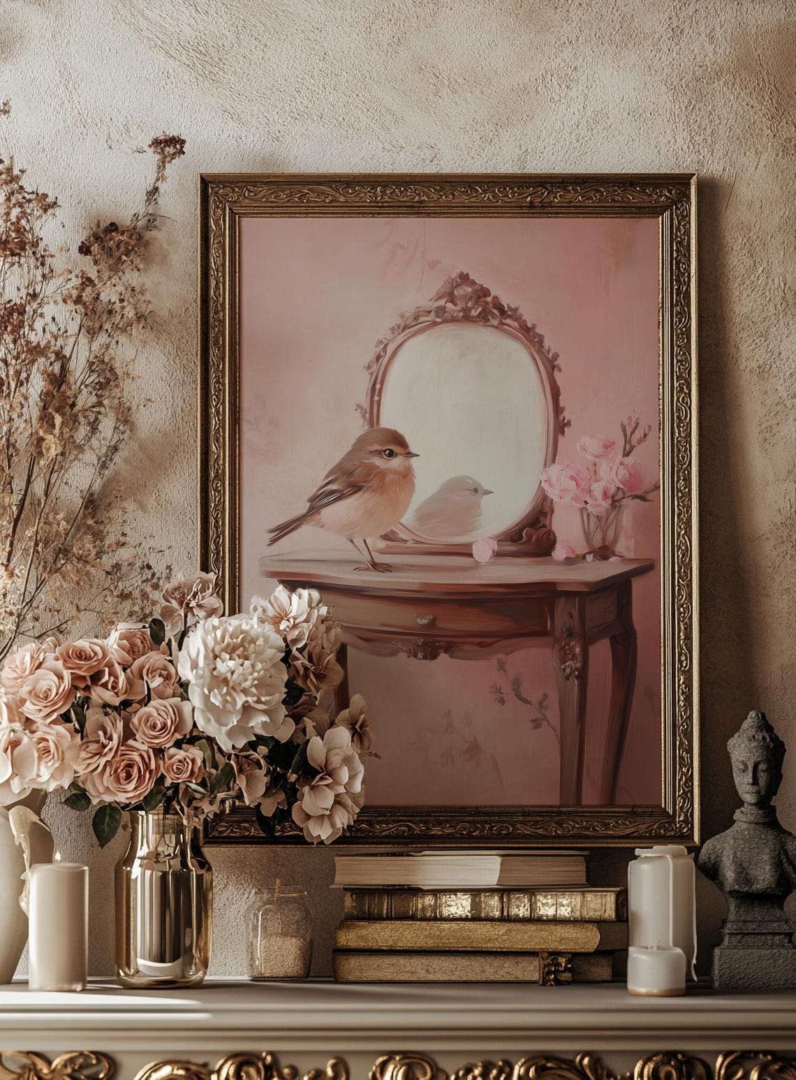 Little Bird on Pink Vanity Table with Ornate Mirror Cozy Art Print - Image 3