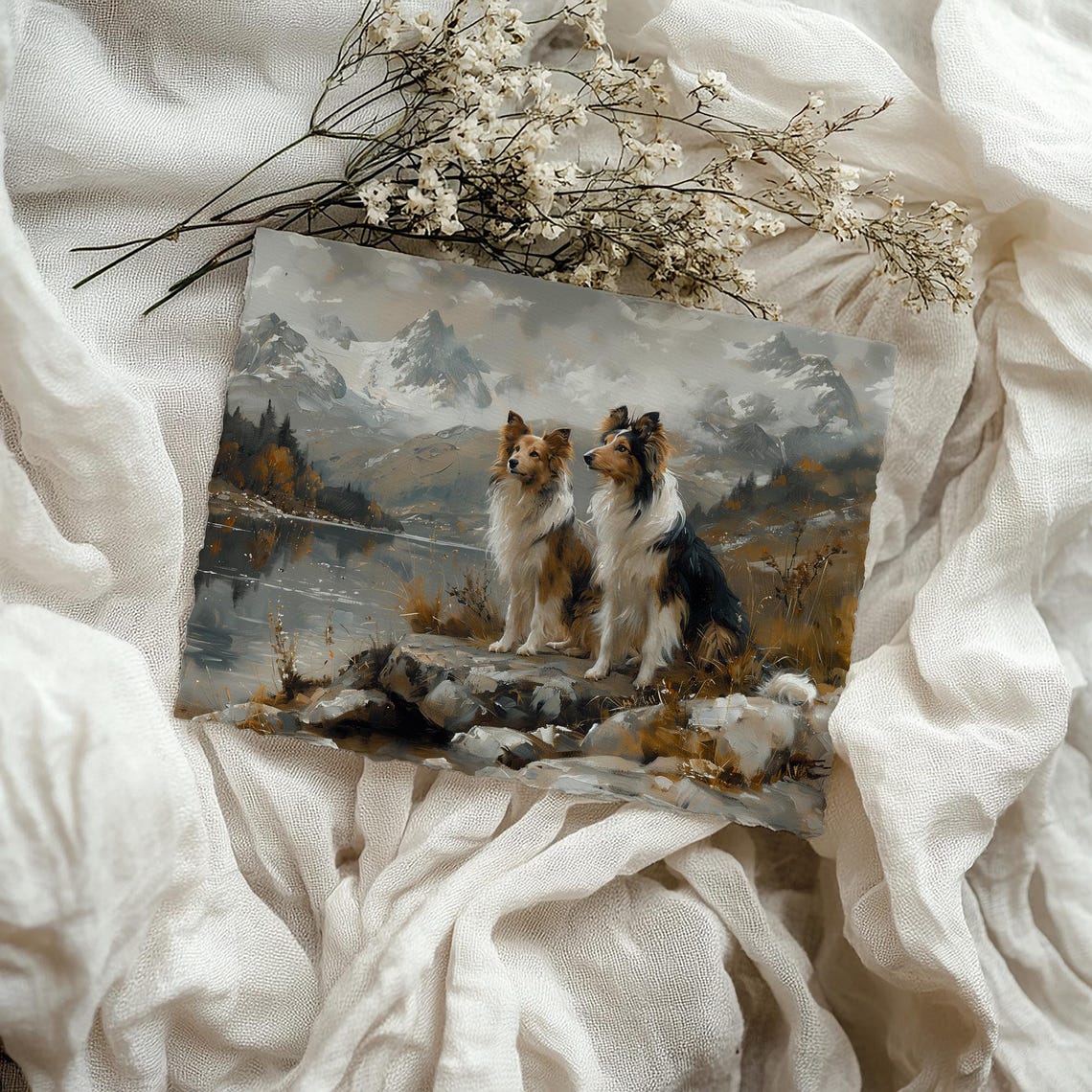 Two Collies Mountain Lake Vintage Oil Painting Dog Portrait Poster - Image 2