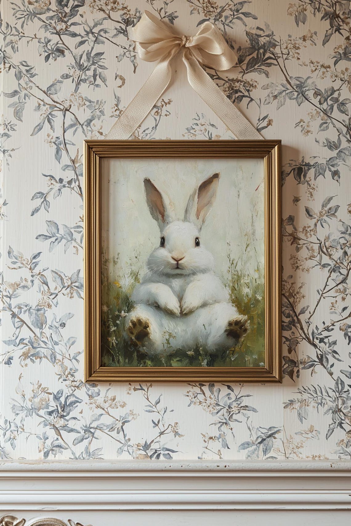 Adorable Chubby White Bunny Sitting Meadow Easter Art Poster - Image 4