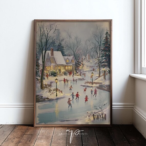 Vintage Ice Skating Village Winter Pond Scene Painting Poster