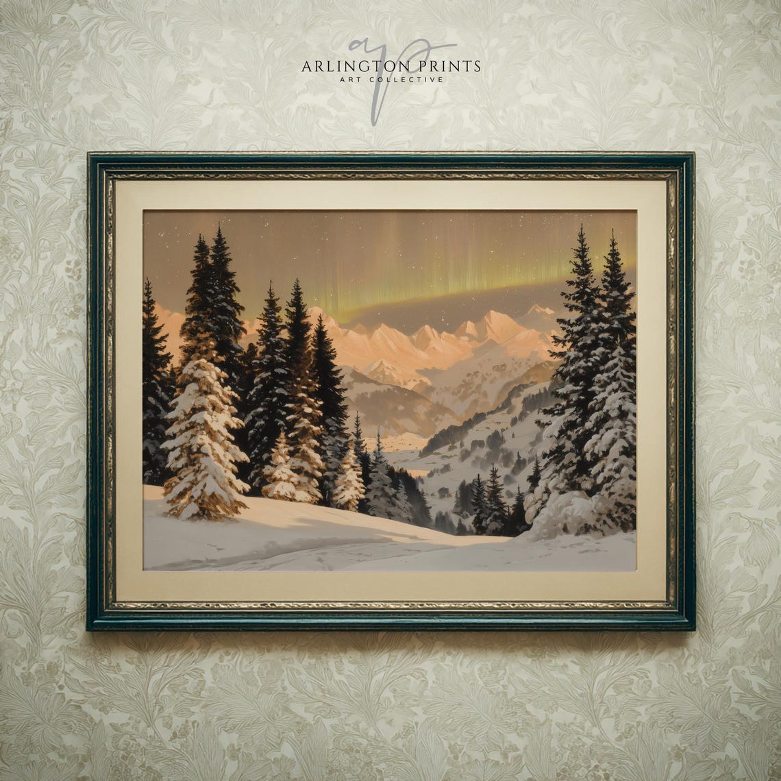 Northern Lights Over Snowy Pines Winter Mountain Valley Poster