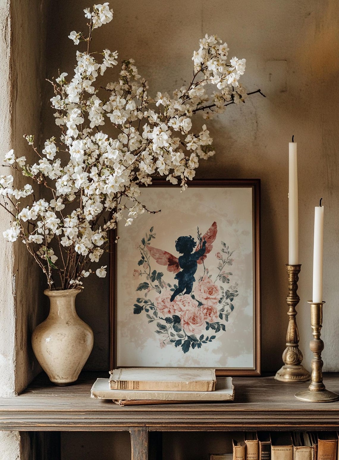 Cherub Silhouette with Rose Wings Among Blush Roses Romantic Print - Image 3