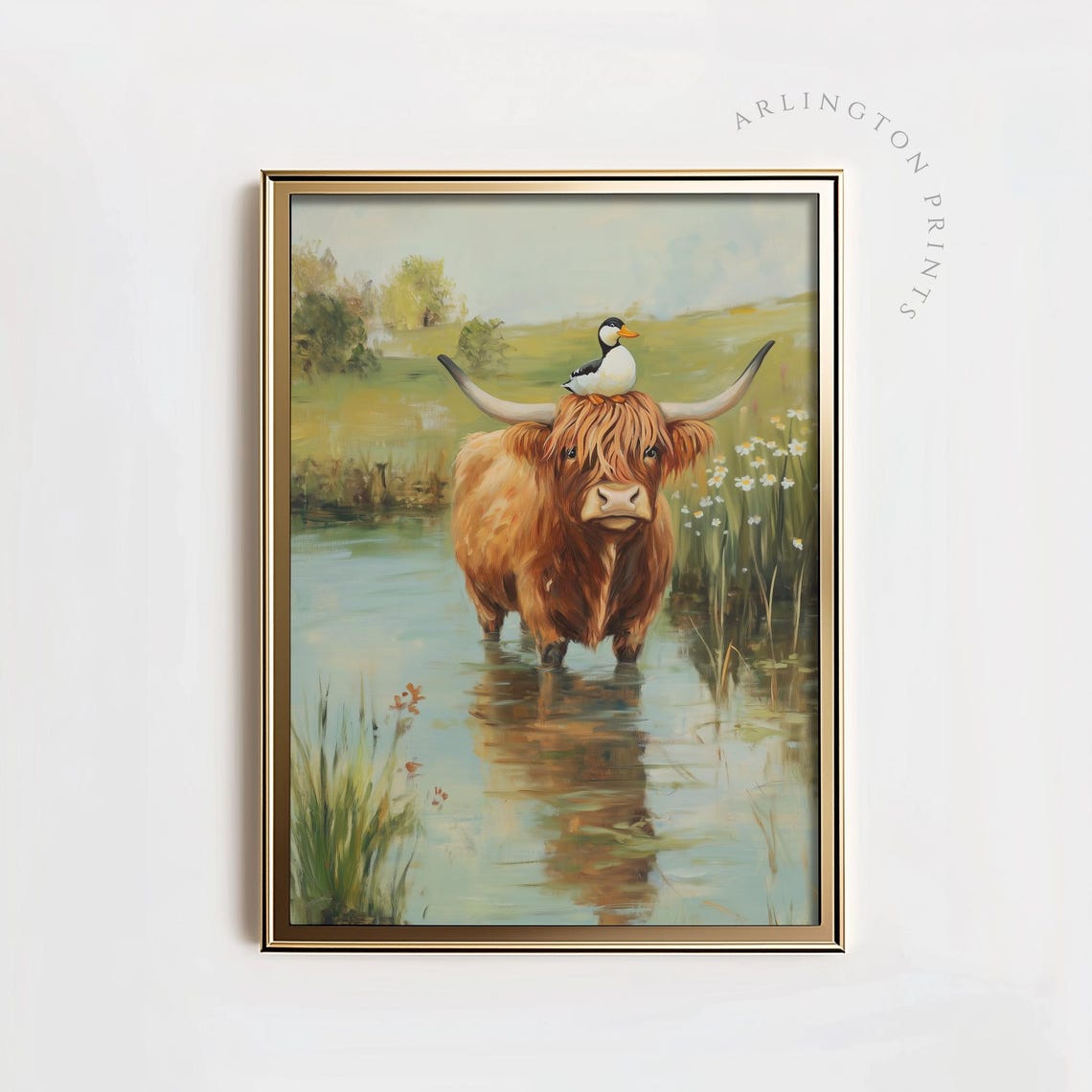 Highland Cow with a Duck on Its Head Wading through a Pond Art Poster