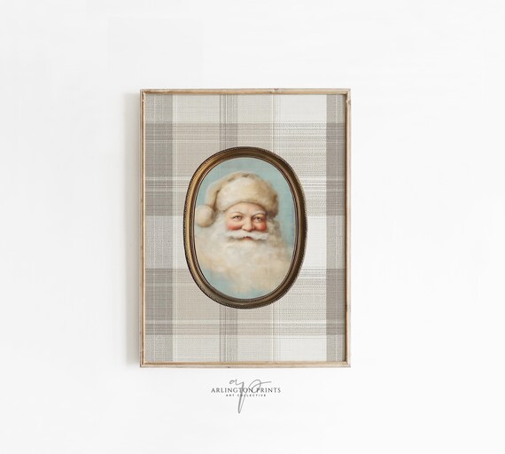 Vintage Santa Claus Portrait Rustic Christmas Plaid Farmhouse Poster