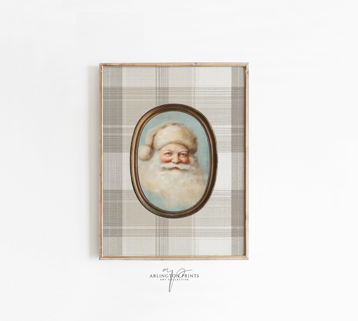 Vintage Santa Claus Portrait Rustic Christmas Plaid Farmhouse Poster