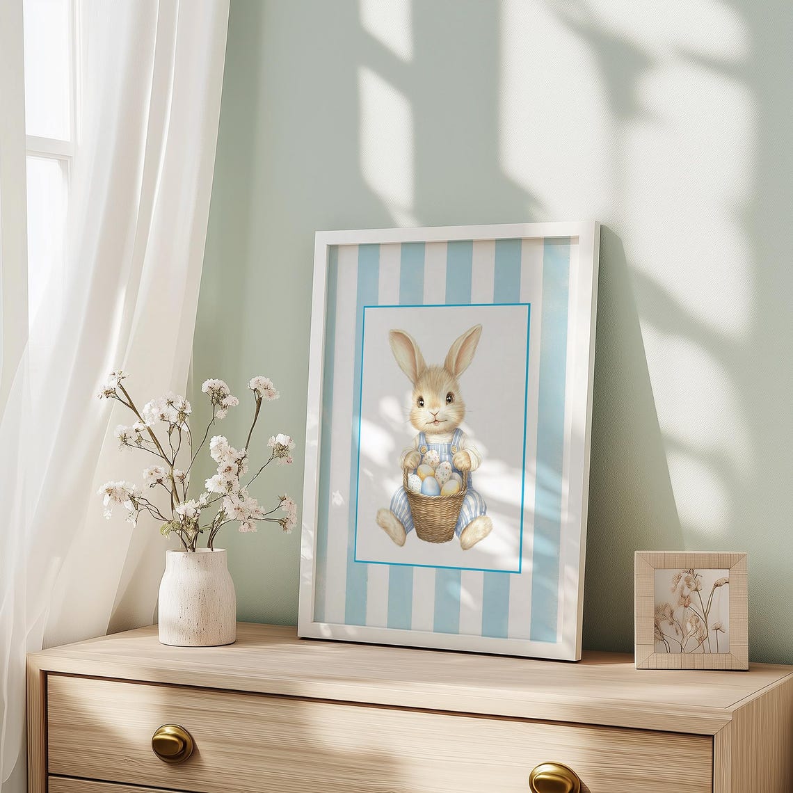 Easter Bunny With Egg Basket Blue Striped Spring Nursery Poster - Image 3