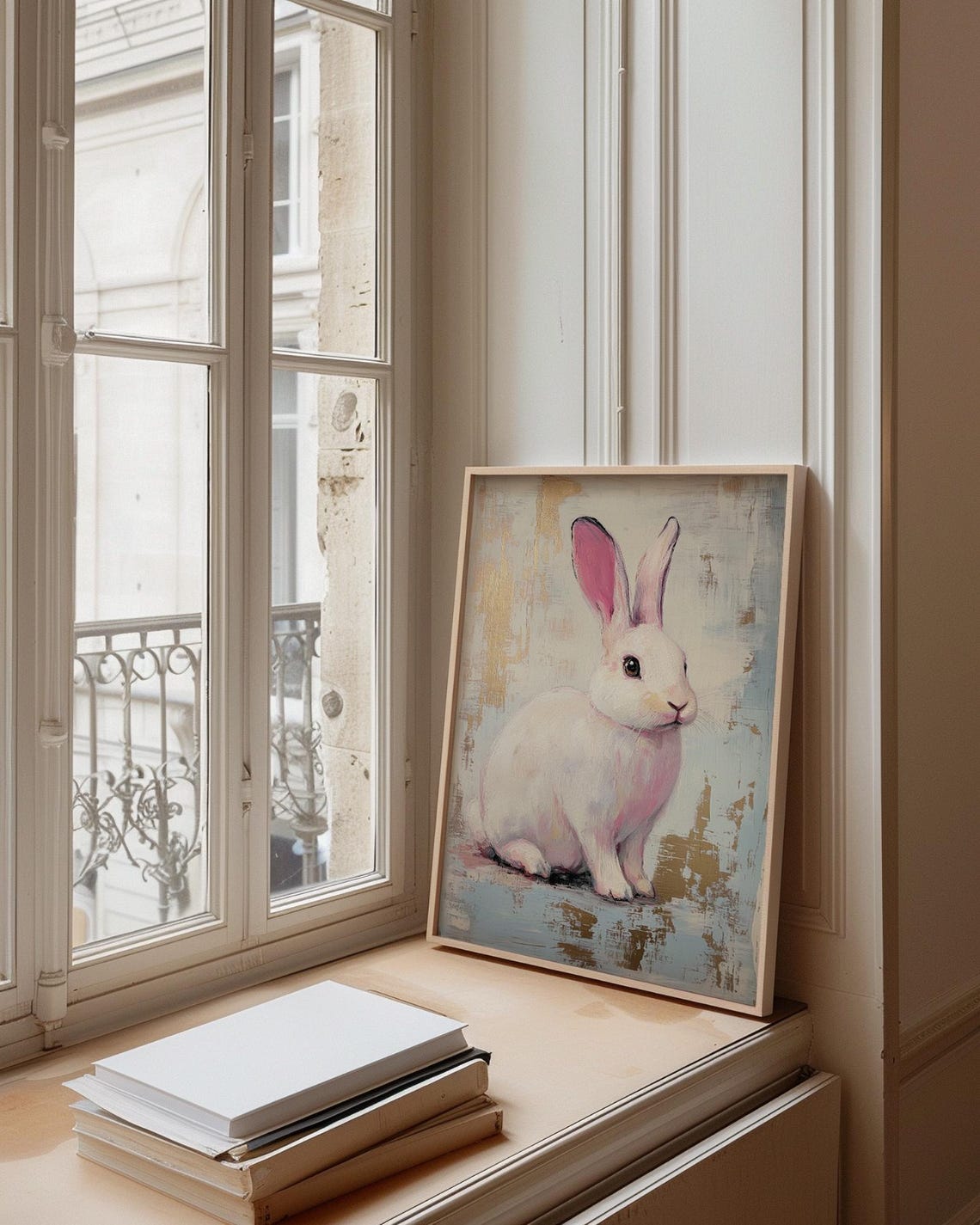 White Bunny With Pink Ears Vintage Gold Abstract Nursery Poster - Image 4