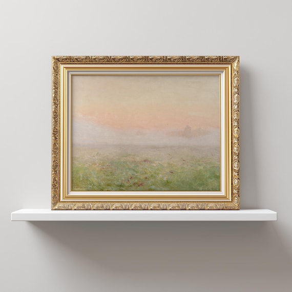 Vintage Misty Meadow Sunrise Landscape, Wall Art Print