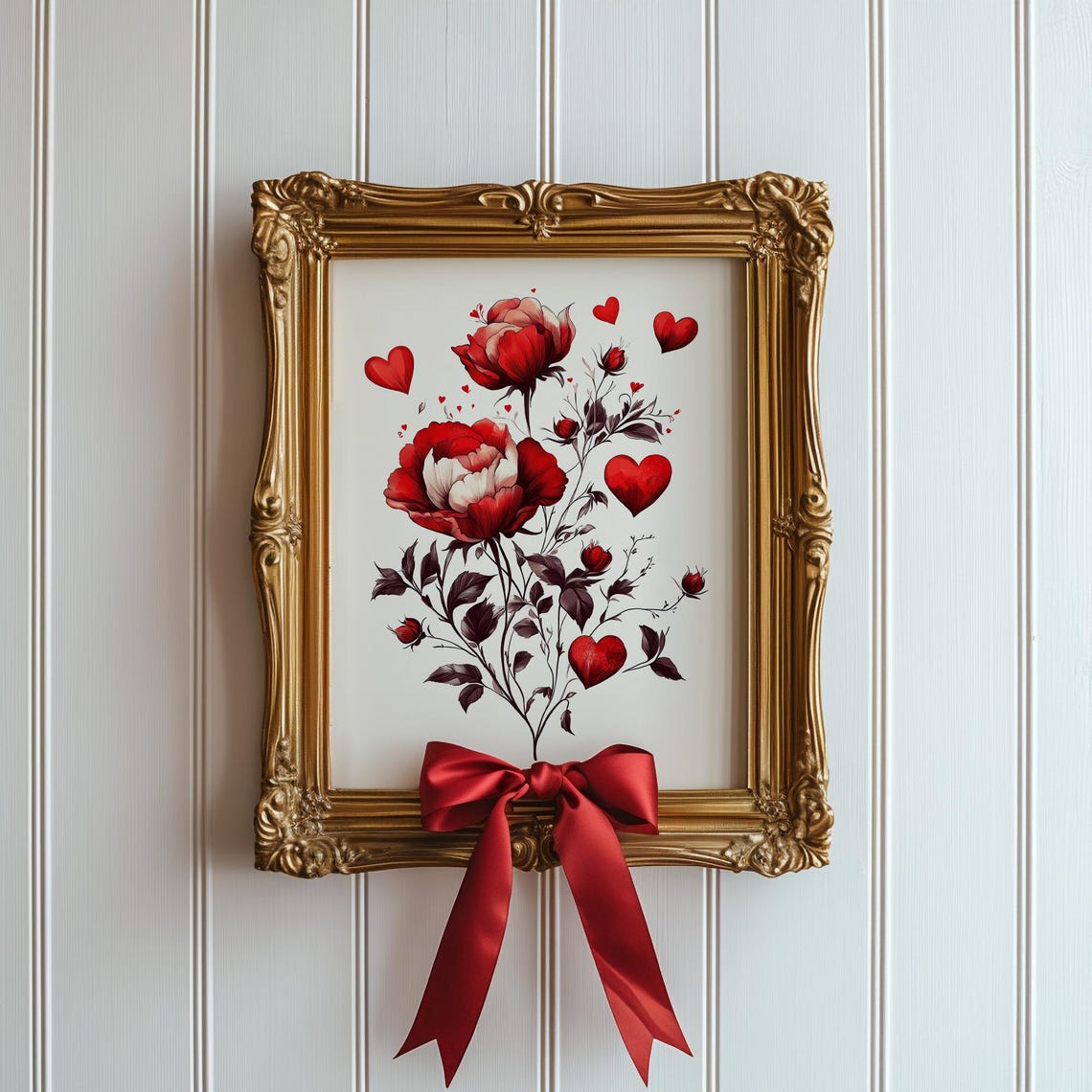Red Roses and Hearts Bouquet Romantic Vintage Valentine Art Poster - Image 4