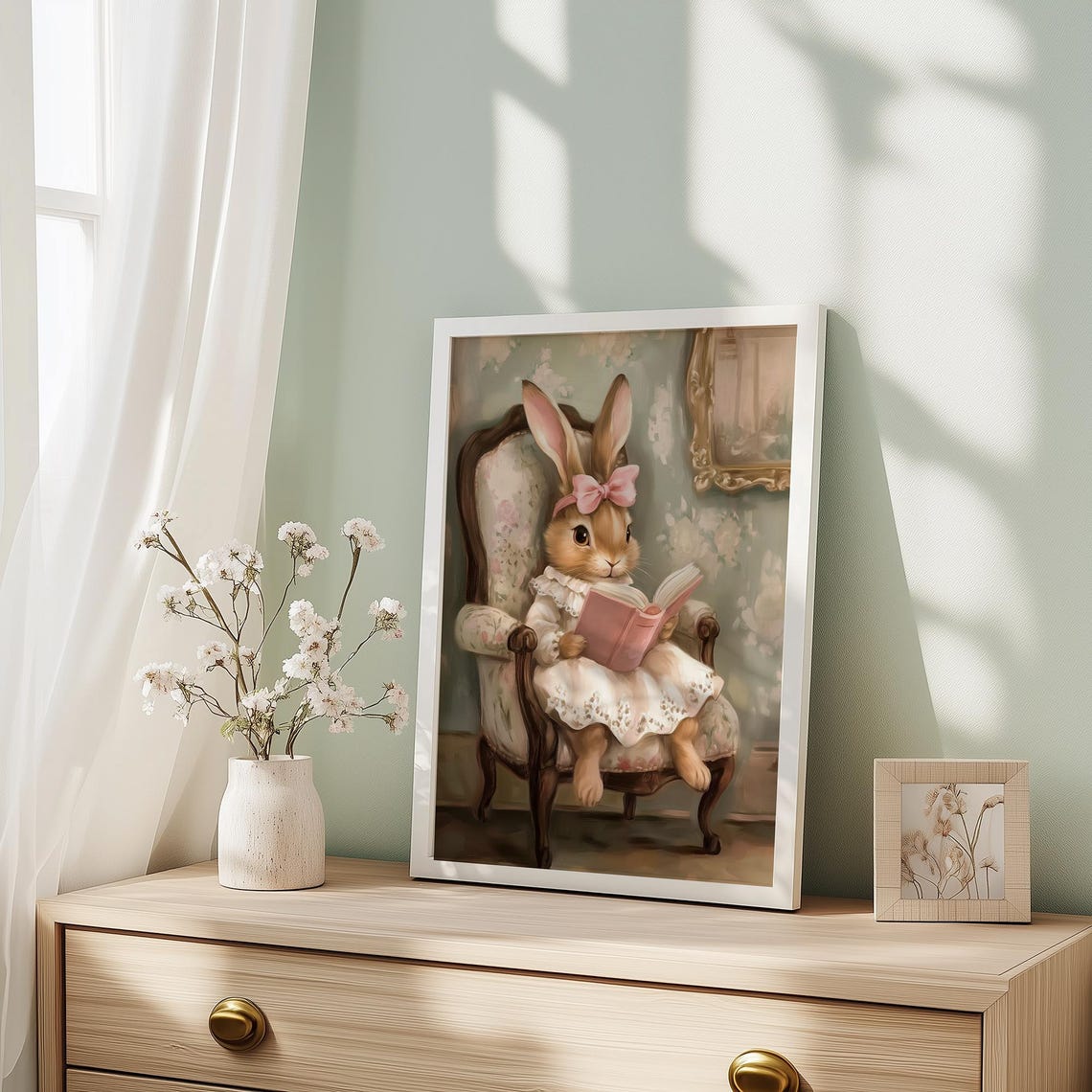 Bunny Reading Book Vintage Nursery Cozy Pink Girl Room Art Poster - Image 2