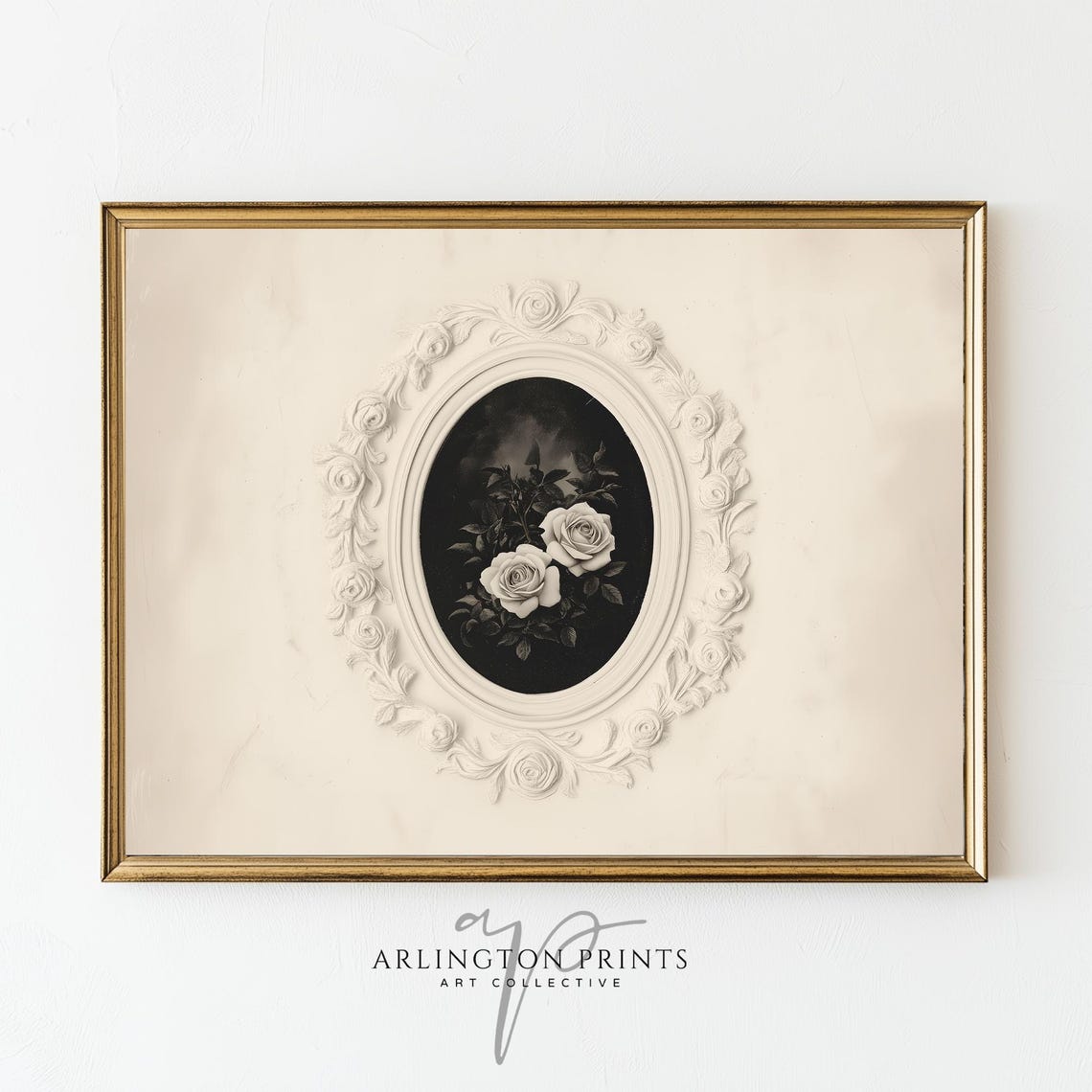 White Roses Oval Still Life on Black in Carved Floral Frame Poster