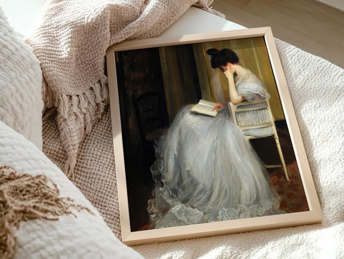 Classic Oil Painting of a Woman Reading in White Dress Poster - Image 5