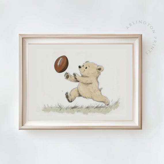 Boys Nursery Sports Art Print Cute Bear Football Wall Art Nursery Teddy Bear Art Kids Room Neutral Playroom Decor Ca08