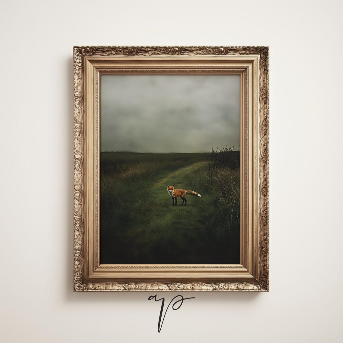 Red Fox in Moody Dark Meadow Dramatic Woodland Wildlife Art Poster