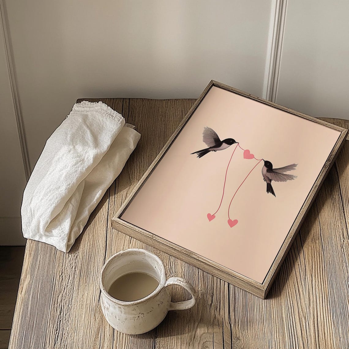 Valentine Birds Holding Hearts Minimalist Love Bird Art Poster - Image 2