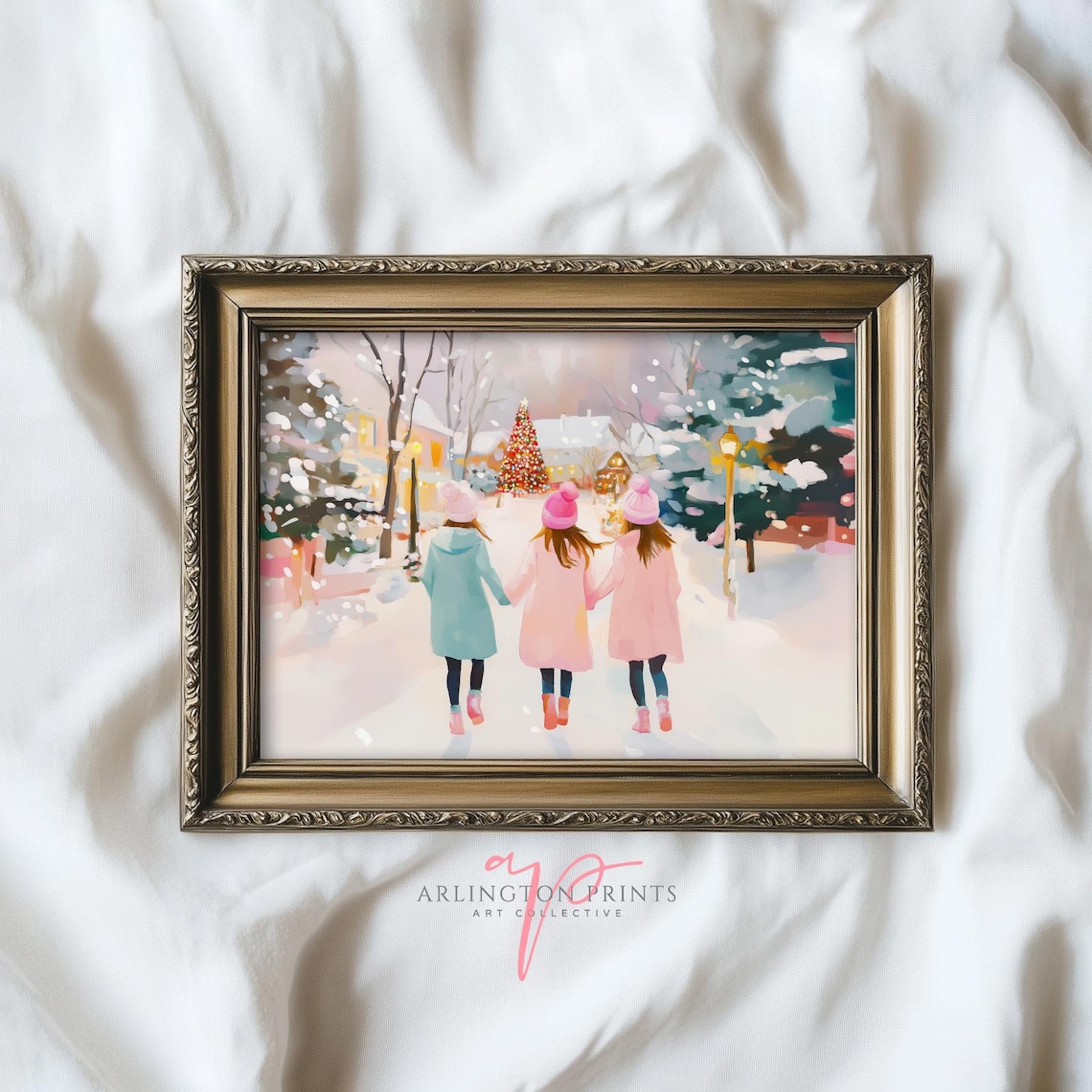 Three Girls Walking To Christmas Tree Snowy Painting Pastel Holiday Poster Art
