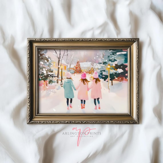 Three Girls Walking To Christmas Tree Snowy Painting Pastel Holiday Poster Art