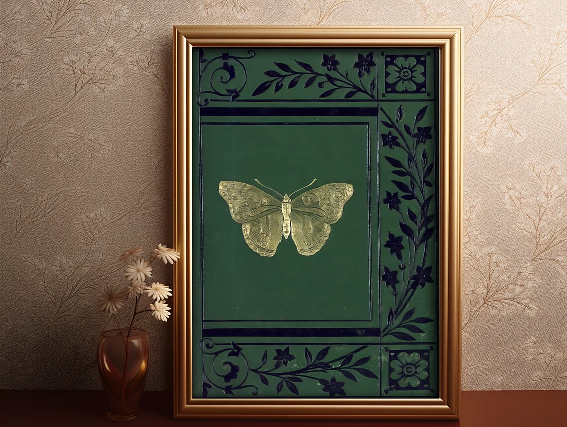Vintage Green Book Cover With Gold Butterfly Library Art Poster - Image 3