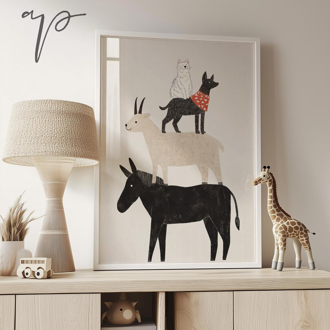 Stacked Farm Animals Donkey Goat Dog Cat Whimsical Nursery Art Poster - Image 2