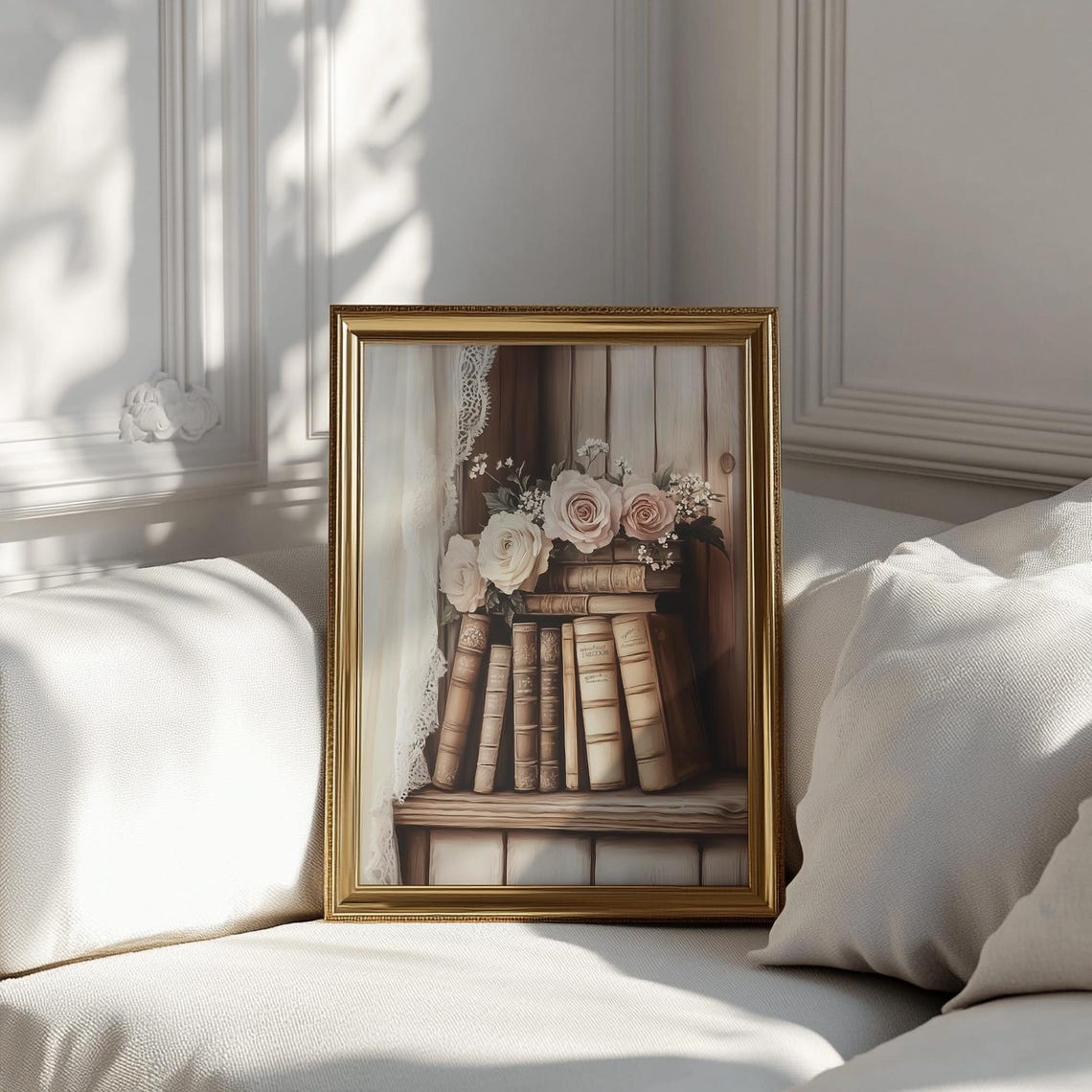 Antique Books on Wooden Shelf with White Roses Cottage Library Print - Image 3