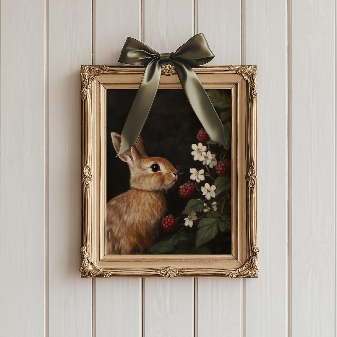 Brown Bunny Raspberry Blossoms Moody Dark Vintage Art Poster - Image 4