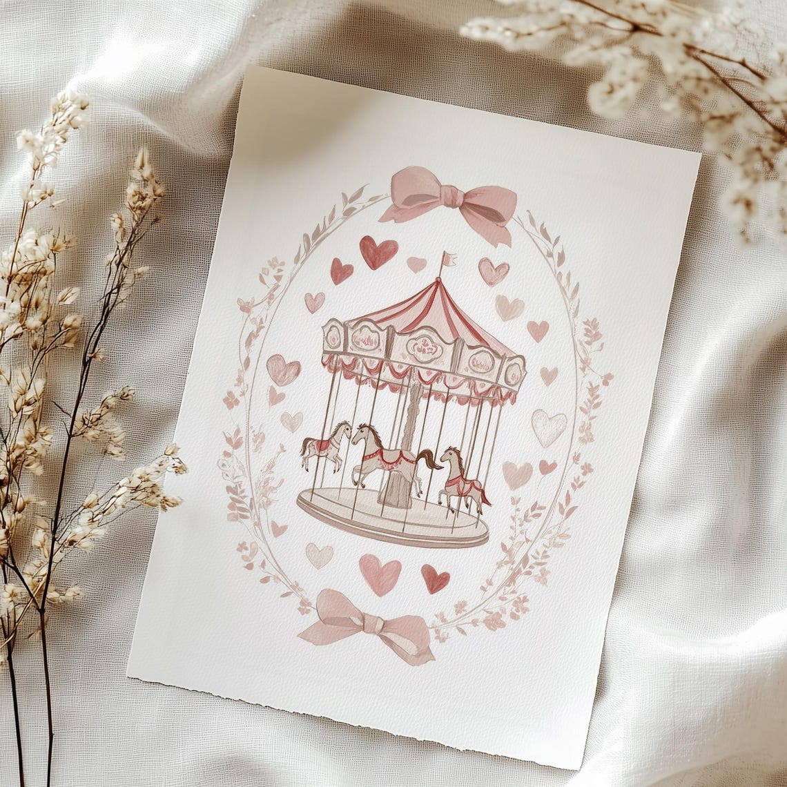 Pink Carousel Hearts and Bows Nursery Coquette Romantic Poster - Image 3