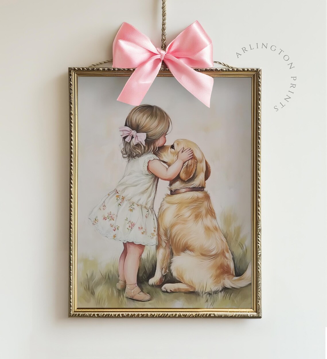 Pink Bow Girl Dog Painting, Coquette Room Decor