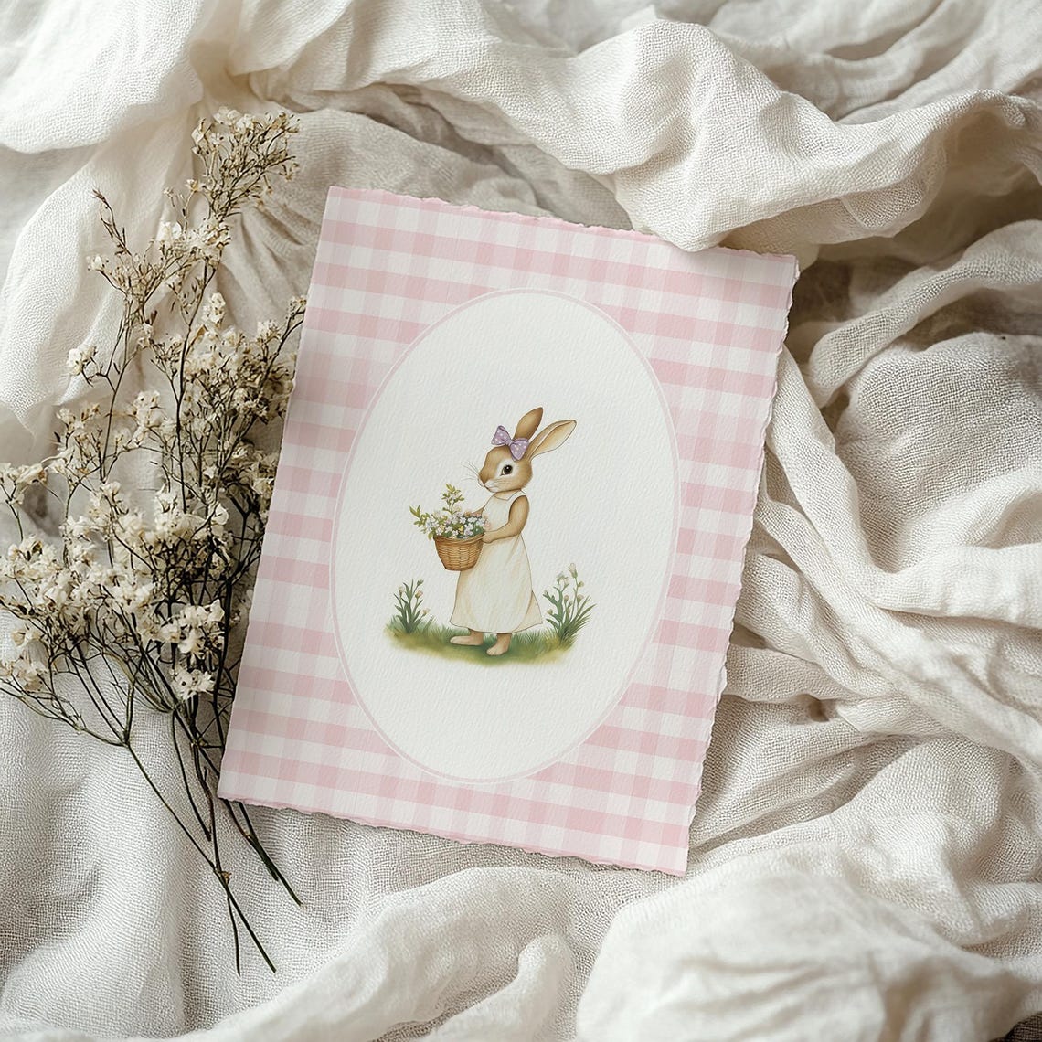 Bunny Girl With Flower Basket On Pink Gingham Nursery Poster - Image 3