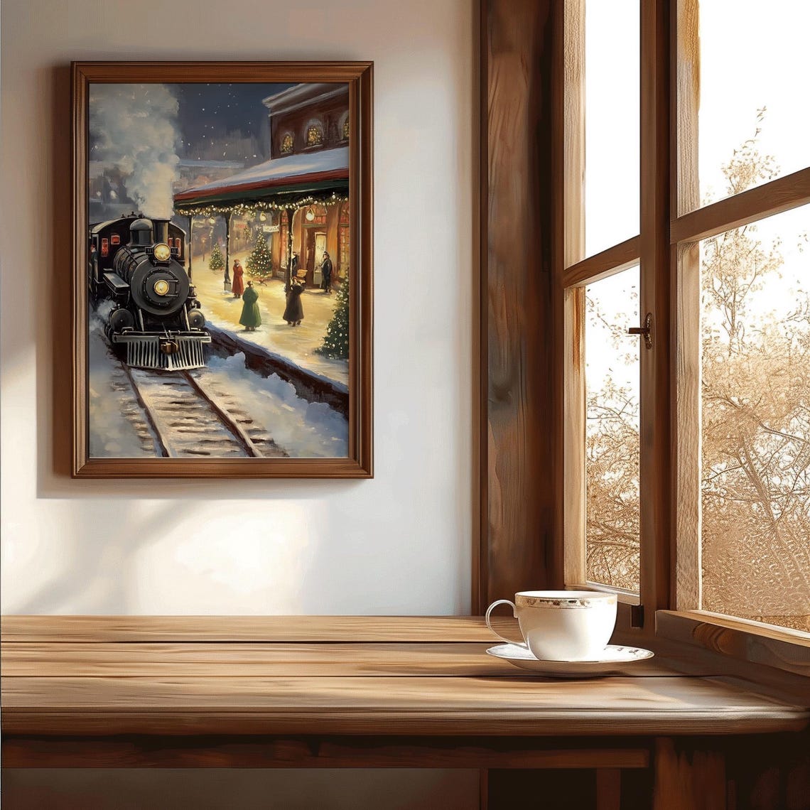 Snowy Night Christmas Train Station Vintage Steam Locomotive Poster - Image 3