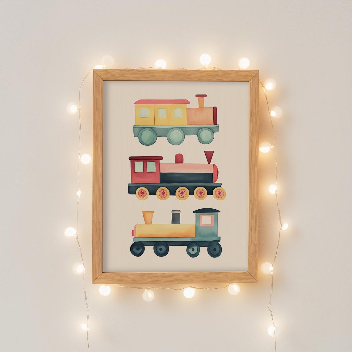 Three Colorful Watercolor Toy Train Engines Boys Nursery Decor Poster - Image 2
