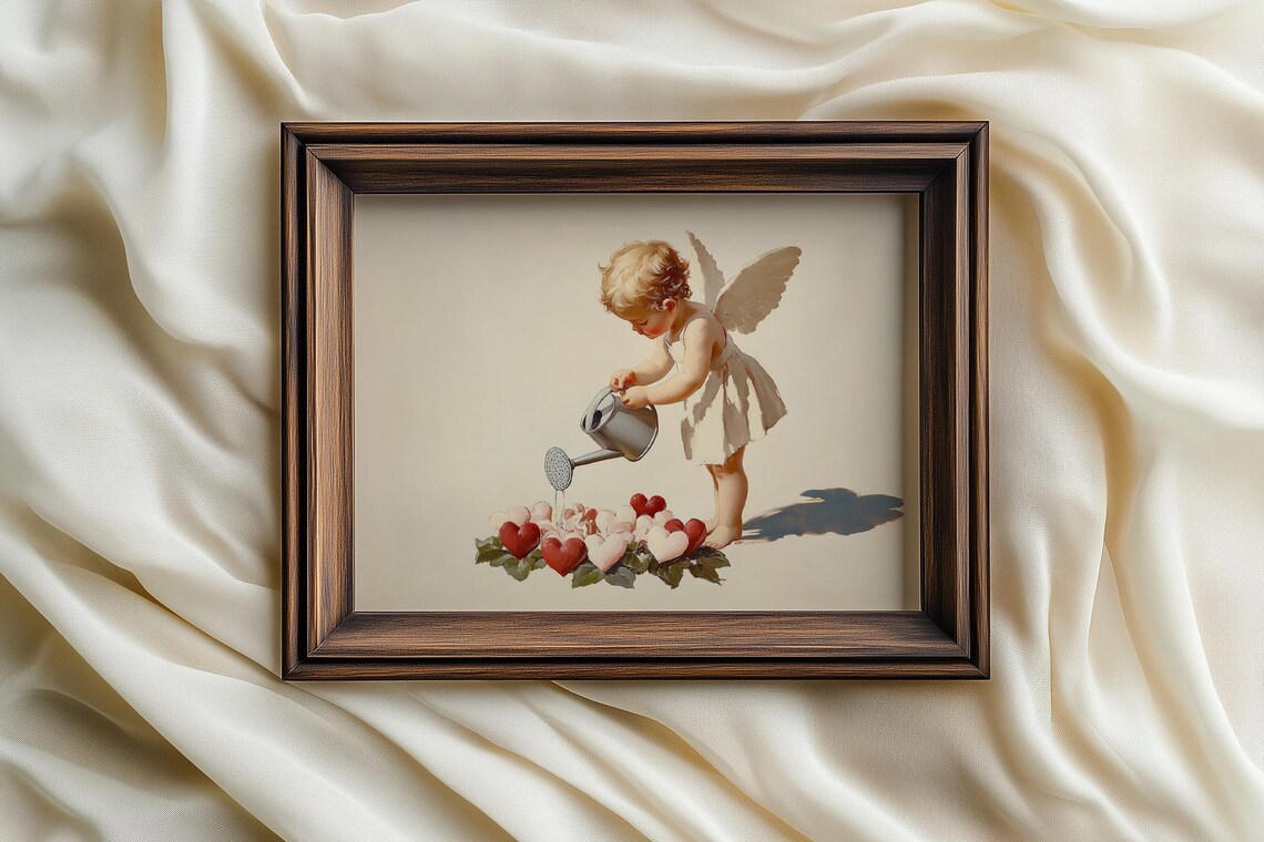 Cherub Watering Heart Flowers Vintage Romantic Valentine Art Poster - Image 3