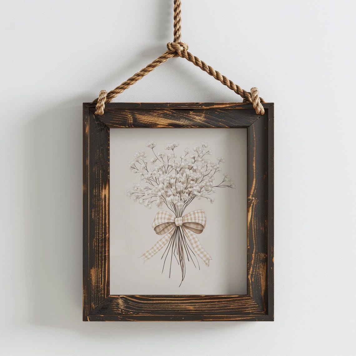 White Baby's Breath Bouquet with Gingham Bow Soft Neutral Wall Art - Image 2