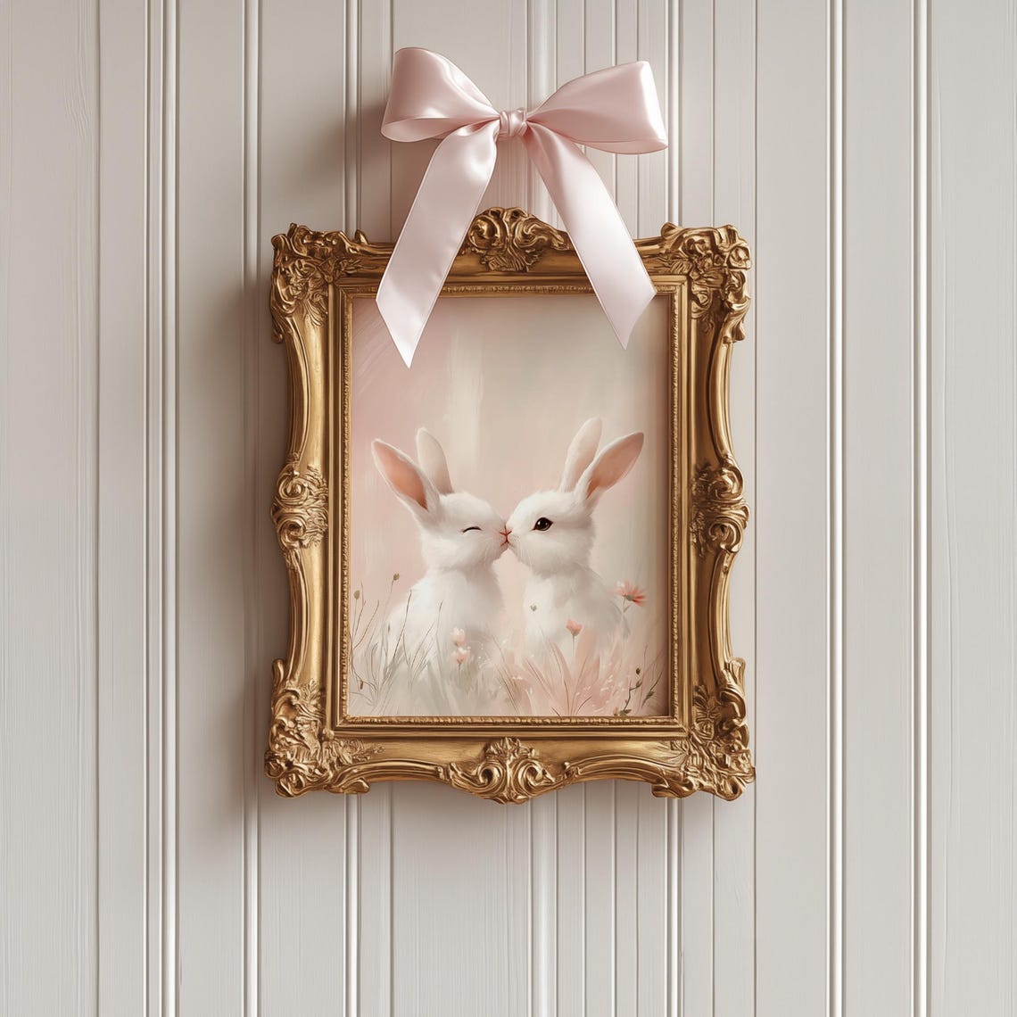Two White Bunnies Nuzzling Pink Spring Meadow Nursery Poster - Image 4