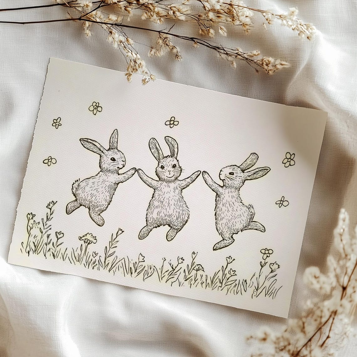 Three Joyful Bunnies Dancing Vintage Ink Sketch Nursery Poster - Image 5