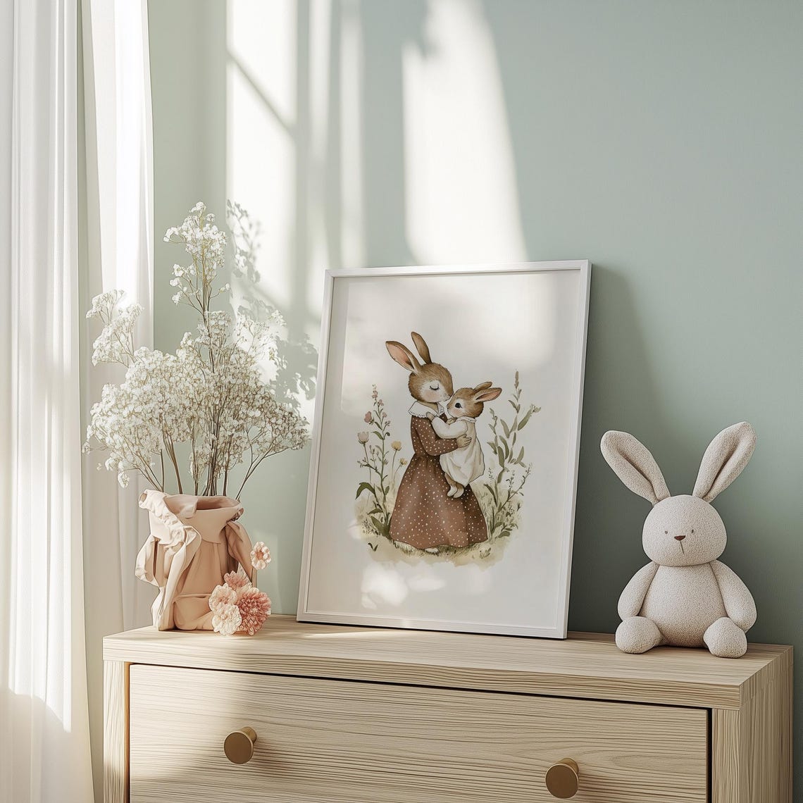 Watercolor Baby Bunny Embrace in a Wildflower Nursery Poster - Image 3