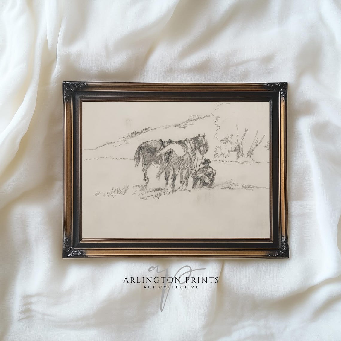 Cowboy with Horses Pencil Sketch Neutral Western Wall Poster - Image 4