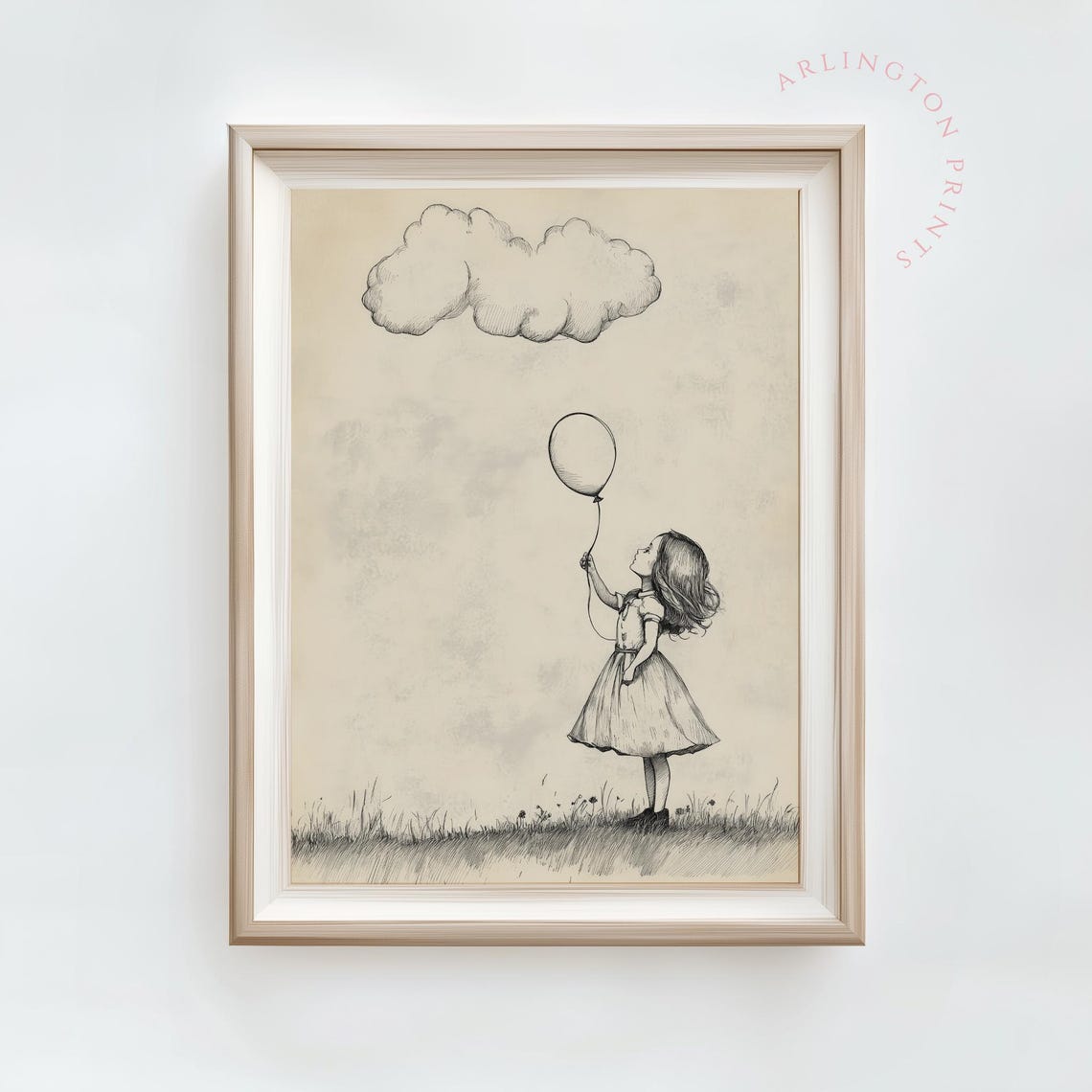 Girl Holding Balloon Sketch Art Print Vintage Girl Nursery Decor Farmhouse Nursery Art Childrens Room Ta12