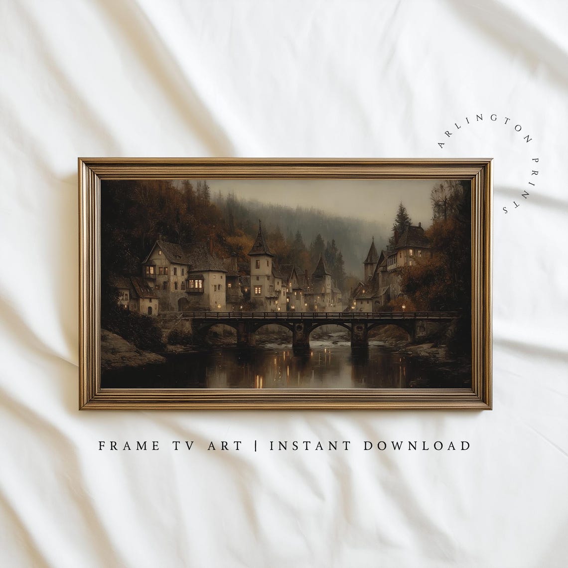 Autumn Medieval Village Stone Bridge River Moody Painting Poster