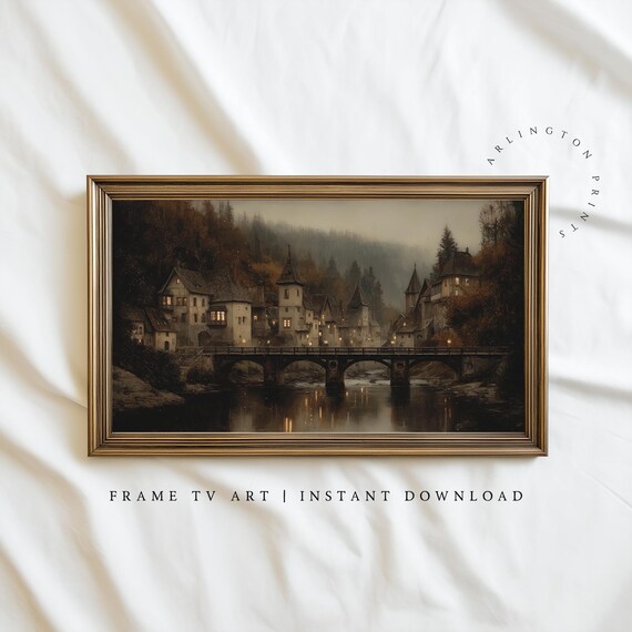 Samsung Frame Tv Art Autumn Medieval Village Painting Vintage Bridge Scene Cozy Fall Wall Decor Halloween Screensaver 2342