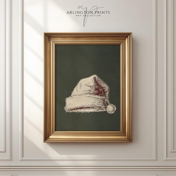 Vintage Santa Hat Print Rustic Christmas Wall Art Minimalist Holiday Illustration Farmhouse Winter
