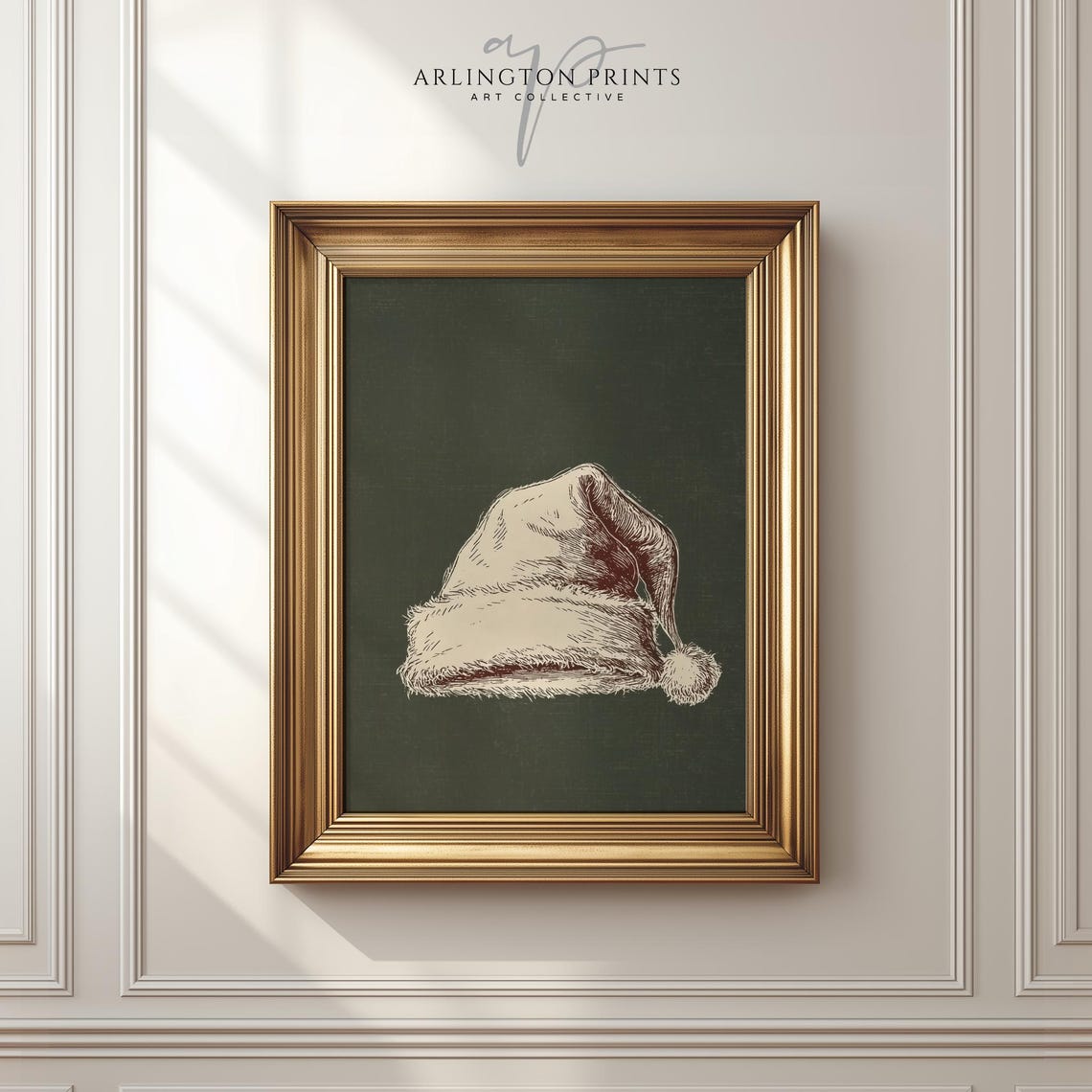 Vintage Santa Hat Print Rustic Christmas Wall Art Minimalist Holiday Illustration Farmhouse Winter
