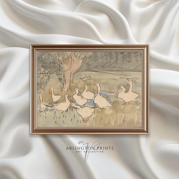 Antique Nursery Duck Art Print Cute Goose Wall Art Farmhouse Wall Art Neutral Nursery Painting Vintage Boys Room Decor