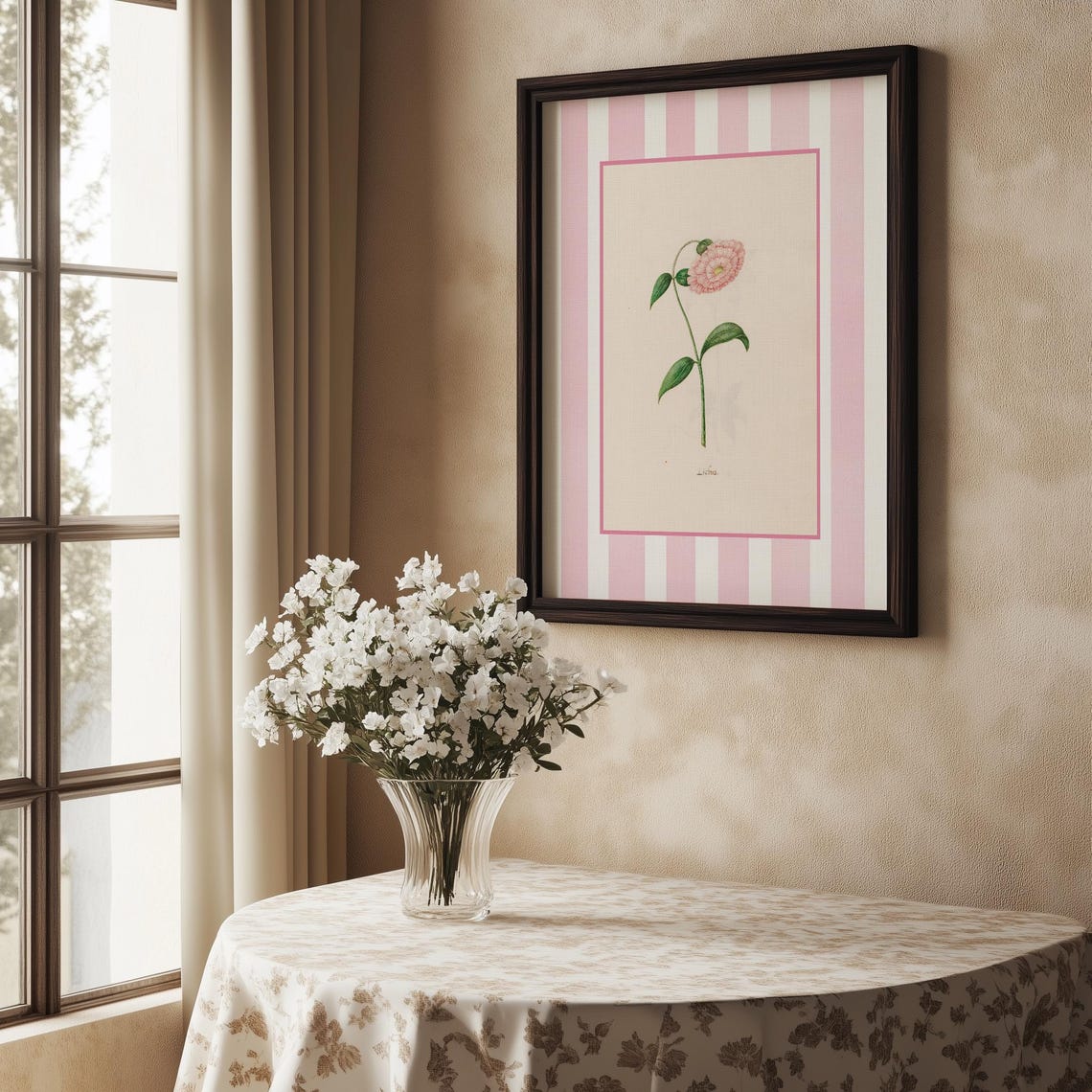 Pink Striped Vintage Chrysanthemum Botanical Floral Nursery Poster - Image 2