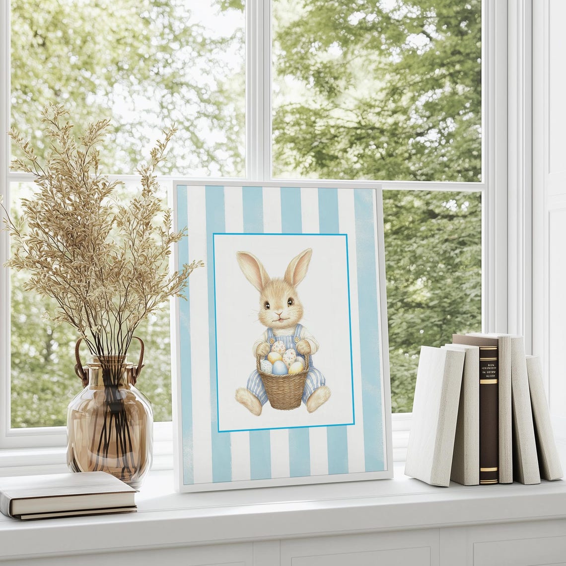 Easter Bunny With Egg Basket Blue Striped Spring Nursery Poster - Image 5