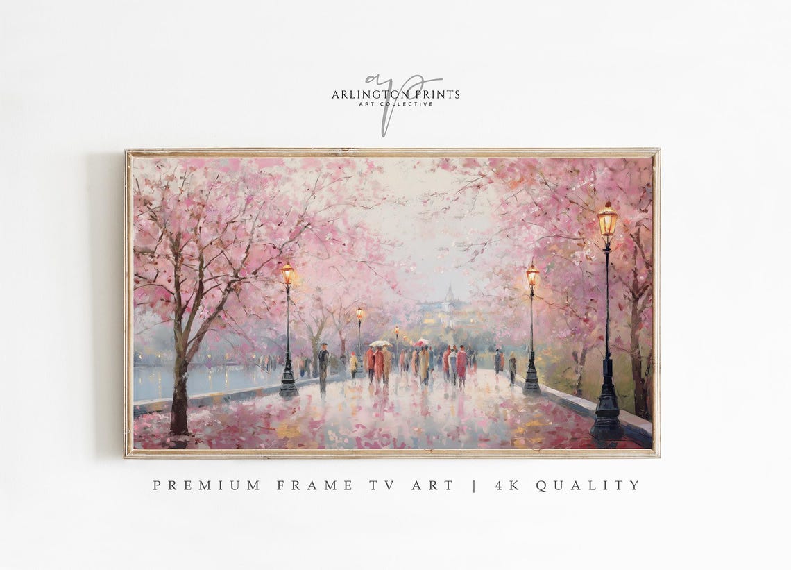 Cherry Blossom Park with Strollers and Lamps Spring Frame TV Poster