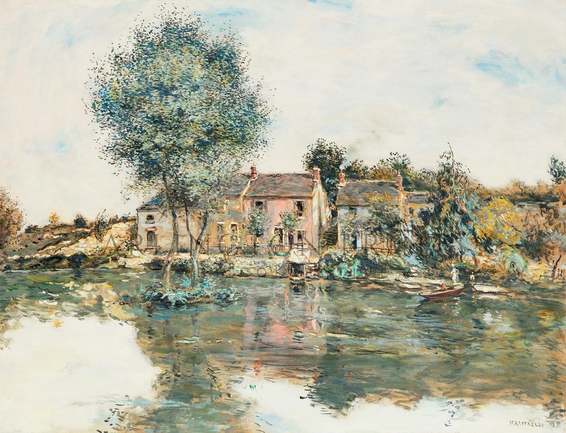 Impressionist River Village with Stone Houses Landscape Poster - Image 3