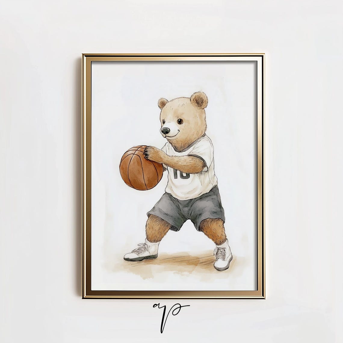 Teddy Bear Playing Basketball Jersey Number 10 Boys Room Art Poster