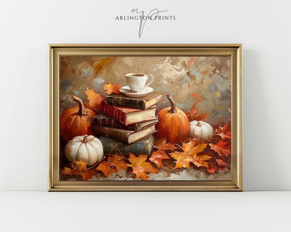 Neutral Fall Bookish Wall Art, Vintage Bookstack Art Print