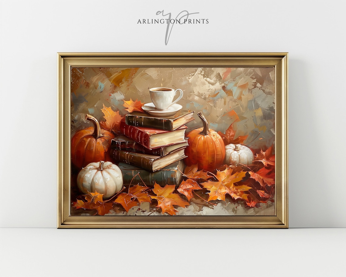 Neutral Fall Bookish Wall Art, Vintage Bookstack Art Print