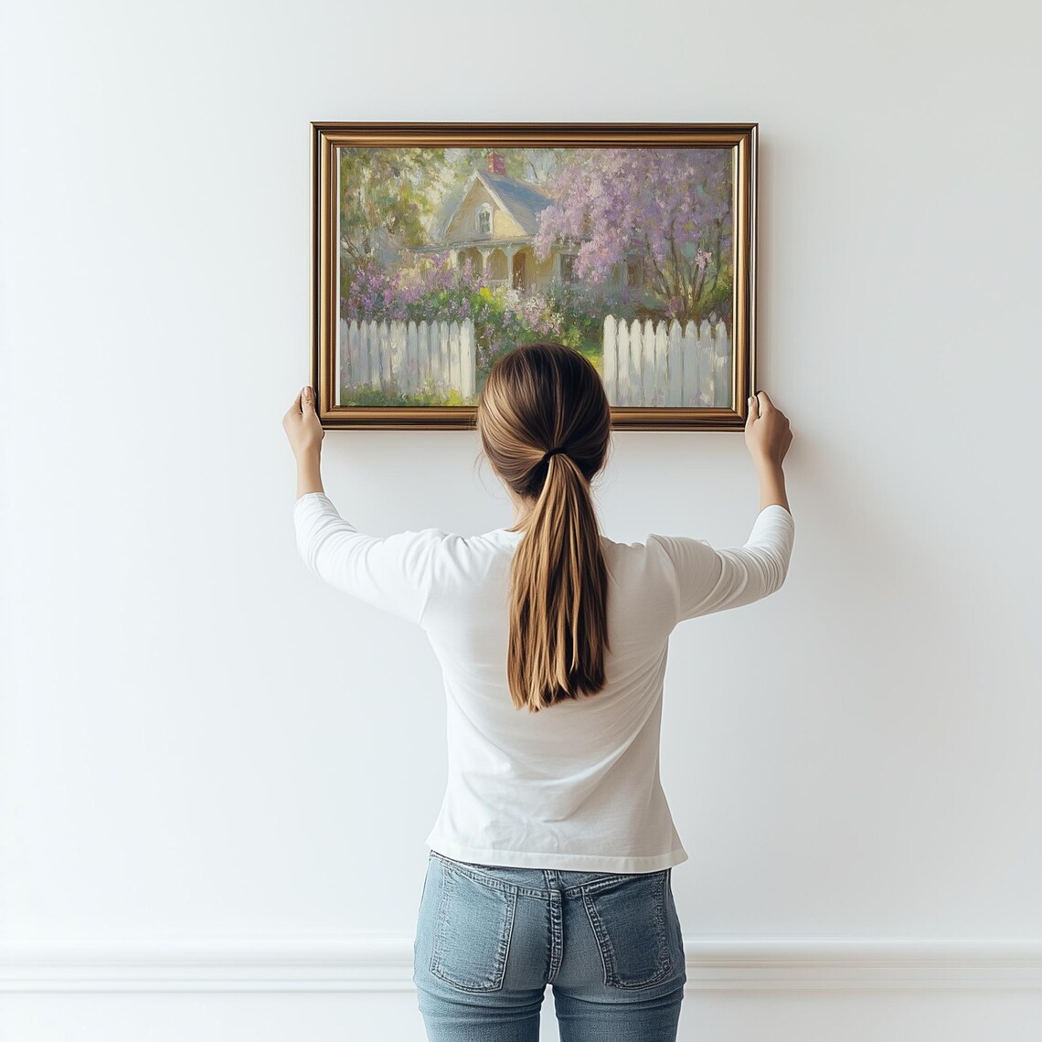 Spring Cottage With White Picket Fence Blooming Trees Pastel Art Poster - Image 2